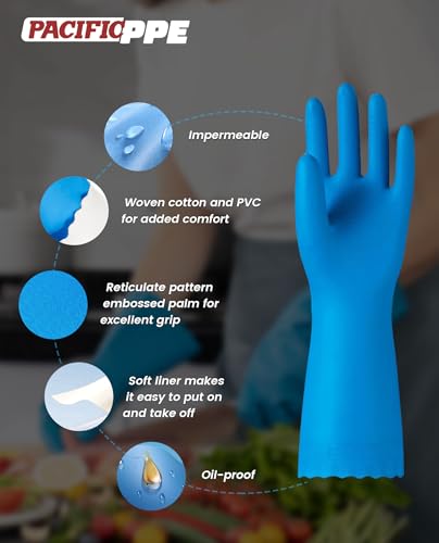 PACIFIC PPE 2 Pairs Reusable Dishwashing Cleaning Gloves with Latex Free, Cotton Lining, Kitchen Gloves, Blue, Small - color: Blue, size: Small (Pack of 2)