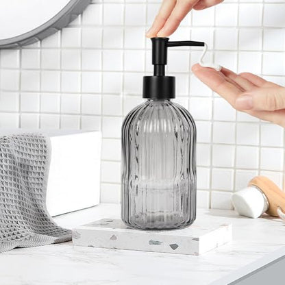 14Oz Black Pump Glass Soap Dispenser, Gray Stripe Countertop Refillable Liquid Bottle Hand Dish Lotion Dispenser with Plastic Pump, for Kitchen, Bathroom - color: Gray