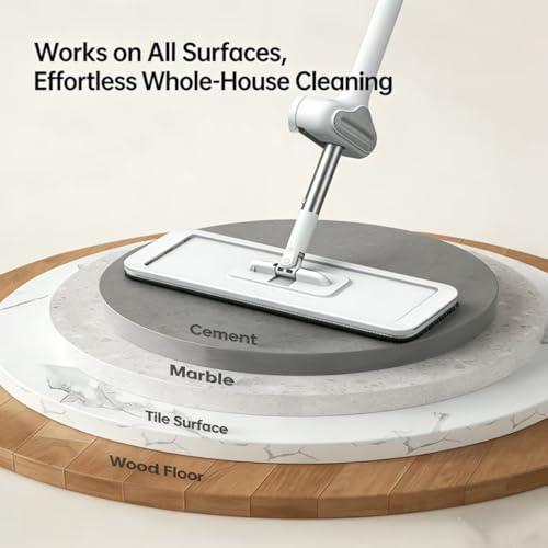 Flat Mop & Bucket Set with 6 Reusable Pads | Foldable Hands-Free, Microfiber, Wet/Dry Use, For Tile, Laminate, Wood Floors, Walls, Windows