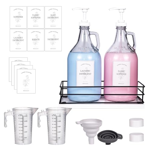 2 Pcs Glass Liquid Laundry Detergent Dispenser, Half Gallon Dispenser for Laundry Room (64 oz. Each), Laundry Detergent Bottles with Pump Dispenser -Includes Labels, Measuring Cups,Wooden Stand - color: White