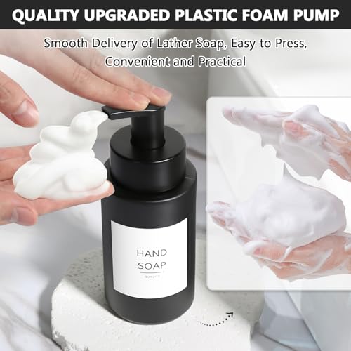 RYTOXILO Matte Black Foaming Hand Soap Dispenser, 10 oz/300ml Glass Foam Dispenser, 2 Pcs Foaming Soap Dispenser for Bathroom, Black Refillable Pump with Waterproof Labels - color: Black Bottle, size: 10 Fl oz