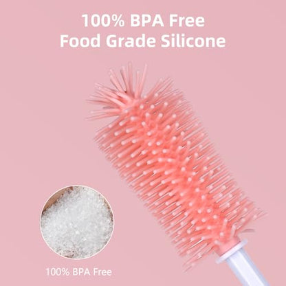 Silicone Bottle Cleaning Brush,Baby Travel Essential Bottle Brush Set, 3 in 1 Silicone Brush, Nipple Brush, Straw Brush - color: Pink