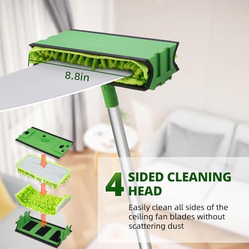 Ceiling Fan Cleaner Duster with 6 Ft/72'' Extension Pole High Ceiling Fan Blade Cleaning Tool Microfiber Duster Reusable Pads for Cleaning Ceiling Fan, Baseboard, Blind, Cobweb, Molding