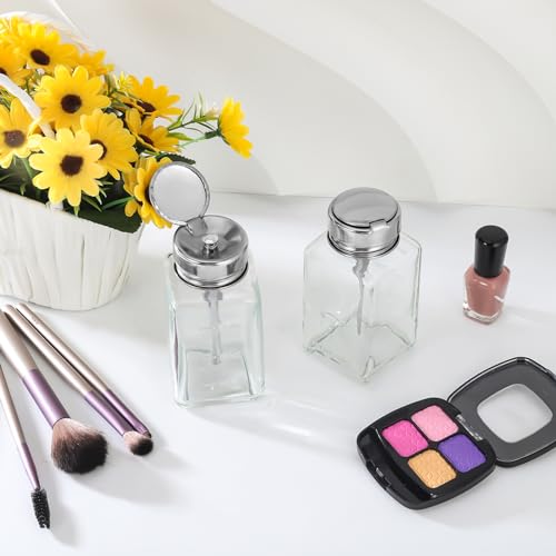 3 Pcs Clear Pump Dispenser Bottle Push Dispenser with Metal Flip Cap 180ml Glass Dispenser Pressure Container Refillable for Dispensing Nail Polish Remover Alcohol Toner and Makeup Remover