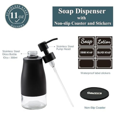 Gaussra Black Soap Dispenser with Coasterand Stickers, Refillable Liquid Stainless Steel Soap Dispenser for Kitchen Sink, Bathroom Countertop (11OZ / 320ML) - color: Matte Black