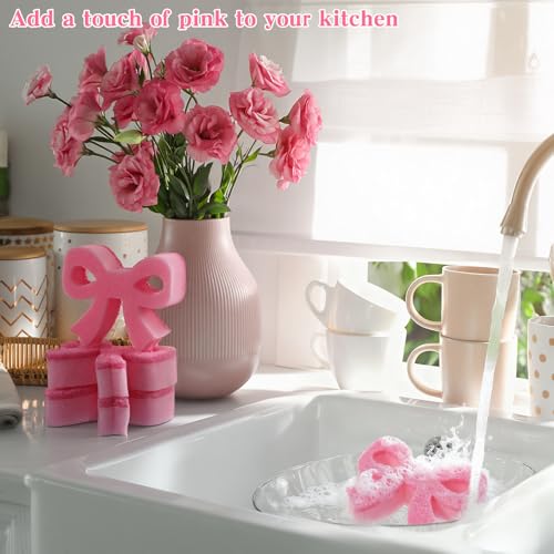 Tioncy 12 Pack Pink Bow Sponges Bulk Preppy Dual Sided Scrubber Pink Bow Sponges Reuseble Non Scratch Dishwashing Kitchen Cleaning Accessories for Cookware Pot Boiler Pan Household - style: Classic Bow