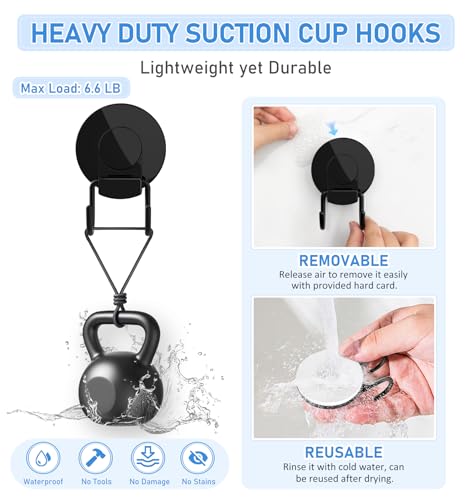 VIS'V Shower Suction Cup Hooks, Heavy Duty, Removable and Reusable, Double Hooks, Black, 2 Pcs
