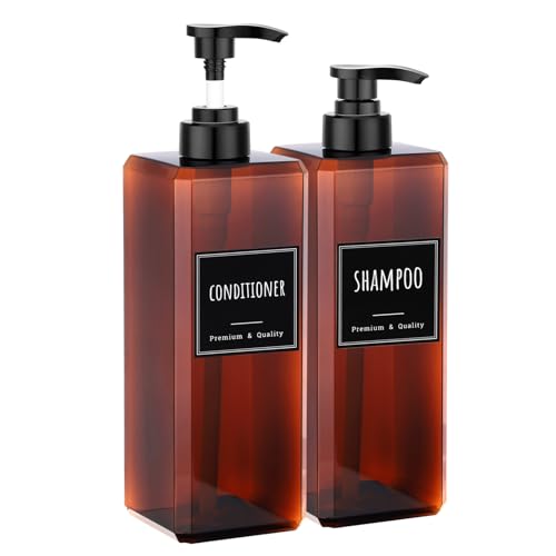 Segbeauty 33.8oz Amber Soap Dispenser Empty, 2pcs Large Plastic Pump Bottle Dispenser with Labels, Square Pump Bottles for Shampoo and Conditioner, 1000ml Bathroom Body Wash Container Refillable - color: Amber, style: 2pcs