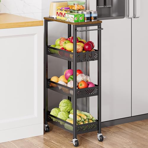 XYZLVSI Slim Storage Cart 4 Tier Fruit and Vegetable Baskets for Kitchen Small Space, Narrow Laundry Cart on Wheels with Wooden Top and Metal Handle for Pantry, Bathroom, Laundry Room - size: 16.7"Dx9.1"Wx34"H