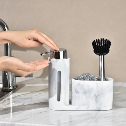 Soap Dispenser with Sponge Holder, Kitchen Soap Dispenser Pump, Sponge Caddy and Brush Holder 3 in 1 Set Organizer for Sink Countertop, Rustproof（White） - color: White