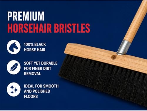 Bon Floor Broom 18 in. with 3 in. Black Horsehair Bristles and 5 ft. Wood Handle for Dry Sweeping Smooth Floors