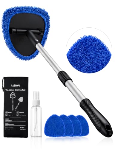 AstroAI 26" Super-Long Windshield Cleaner Tool, Car Interior Window Detailing Cleaning Kit with Extendable Handle and 4 Upgraded Reusable Microfiber Pads, Auto Glass Wiper Brush Kit for Car&Home, Blue - color: Blue, size: 26 in