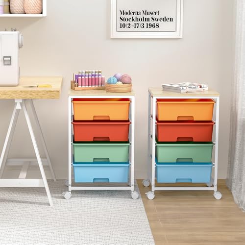 Utility-Rolling-Storage-Drawer-Craft-Cart-Organizer with 4 Drawers and Wooden Tabletop & Lockable Wheels for Home Office, Bedroom, Kids Room, Classroom, 4 Tiers Under Desk Drawer Cart, Macaron - color: Macaron