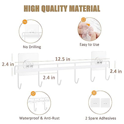 Kitchen Utensil Hanger, Adhesive Utensil Holder Wall Mount Kitchen Rack Rail with 12 Hooks, Space Saving and No Drilling, White, 2 Pcs - color: White