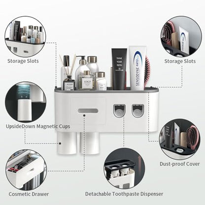 TuCao Toothbrush Holder Wall Mounted with Double Automatic Toothpaste Dispenser Squeezer Kit, 2/3/ Cups (Grey 2 Toothpaste Dispensers, 2 Cups)