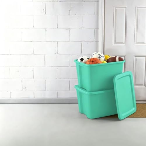 18 Gallon Storage Tote, Teal Heavy Duty Plastic Bin with Snap-On Lid, Stackable Container for Garage, Attic, Closet