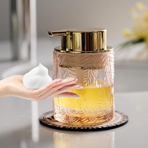 CICUFY Glass Foam Soap Dispenser for Kitchen & Bathroom - Refillable Lotion Dispenser with Large Gold Pump (Leaf Pattern-Pink) - color: Pink, style: Foam/Leaf Pattern