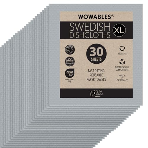 Swedish Dishcloths for Kitchen XL, 30 Sheet Roll, Biodegradable & Compostable, Reusable Paper Towel Cleaning Cloths, 11" x 10", No Odor, Washing Dishes, Ultra Absorbent Cellulose Sponge Towel, By LOLA - color: Battleship Gray, size: 30 Sheets