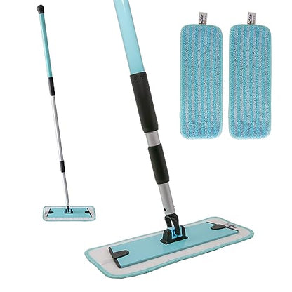 Don Aslett's 12" Mop with 2 Reusable Microfiber Pads (Aqua) Bathroom or Kitchen | 360° Rotating Head | Machine Washable | Extending Pole