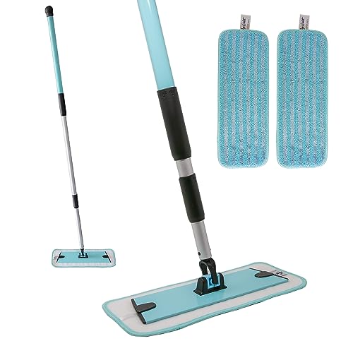 Don Aslett's 12" Mop with 2 Reusable Microfiber Pads (Aqua) Bathroom or Kitchen | 360° Rotating Head | Machine Washable | Extending Pole