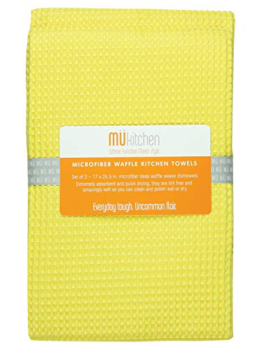 MUkitchen Microfiber Waffle Dishtowel, 17 by 25-1/2 Inches, Set of 2, Lemon - color: Lemon, size: 17" x 25.5" Dishtowel