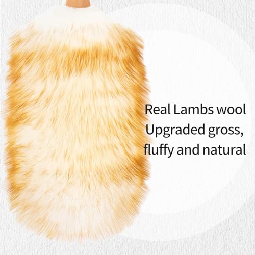 Lambswool Duster with Solid Wooden Handle,Leather Hang Strap,Comfortable Grips 19.6 inch Long Natural Feathers Dusters for Cleaning Wall Plant Desk Blind Cleaner Duster Tool - size: 19.6inch