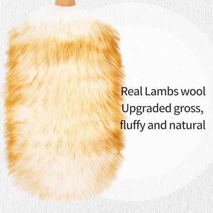 Lambswool Duster with Solid Wooden Handle,Leather Hang Strap,Comfortable Grips 19.6 inch Long Natural Feathers Dusters for Cleaning Wall Plant Desk Blind Cleaner Duster Tool - size: 19.6inch