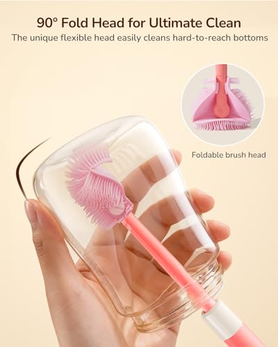 Extendable Bottle Brush with Straw Cleaner Brush, 10.8 to 14 Inches Adjustable Long Handle Water Bottle Scrubber for Cleaning Glasses, Cups, Coffee Mugs, tumblers with Replacement Head, Pink - color: Pink