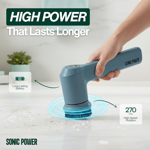 SonicPower Electric Spin Scrubber – Handheld & Ergonomic, IPX7 Waterproof, 4 Multi-Purpose Brush Heads, Long-Lasting Rechargeable Battery – Cleans Dishes, Bathroom, Tile, Grout & Kitchen (Steel Blue) - color: Steel Blue