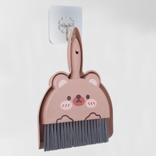 Portable Hand Broom and Dustpan Set, Cute Mini Dustpan and Brush with Bear Pattern, Small Cartoon Space Cleaning Tool for Home Office Desktop Car Camping Kitchen Tabletop (Brown) - color: Brown