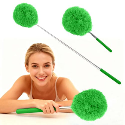 Extendable Microfiber Duster, Telescoping Dusting Brush for Home and Car Cleaning, Adjustable Length, Soft and Flexible - color: Round Green