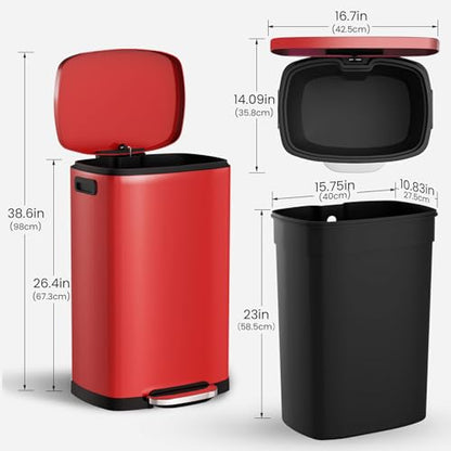 ELPHECO LPHECO Kitchen Trash Can with Lid Soft Close, 13 Gallon / 50L Stainless Steel Pedal Garbage Can, Heavy-Duty Step Wastebasket with 20 Bags, Removable Bucket, Home Office, Kitchen, Scarlet Red - color: Scarlet Red