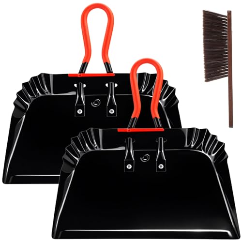 Pasimy 2 Pack 17" Metal Dust Pan and Brush Set, Large Heavy Duty Handheld Industrial Dustpan with Handle Debris Sweeping Tool Metal Edge Flat Against Floor for Outdoor Patio Yard Garage (Black) - color: Black