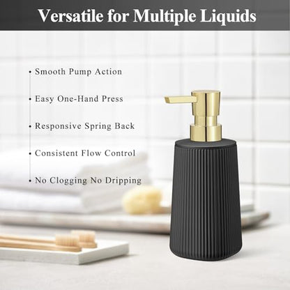 Black and Gold 2 Pack Hand Soap Dispensers Set with No Rust Pump for Bathroom and Kitchen Countertops Refillable Matte Striped Plastic 8.5 oz - color: Black and Gold Set of 2