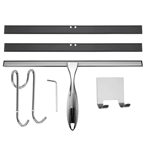 uxcell 14 Inch Shower Squeegee for Glass Doors, Stainless Steel All-Purpose Bath Squeegee with Hooks Holder Square Sticky Hook for Bathroom Window Mirror Car Glass, Silver - color: Silver