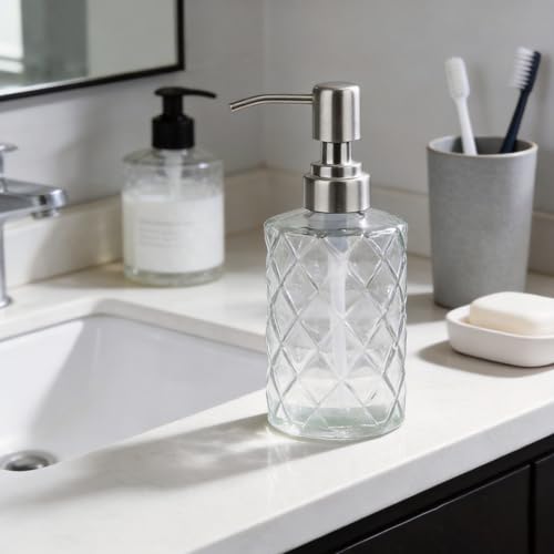 12Oz Clear Glass Soap Dispenser with Stainless Steel Pump, Refillable Kitchen Liquid Hand Soap Dispenser with Diamond Design, for Dispense Hand soap, Dish Soap, Lotion, Bathroom, Countertop, Hotel - color: Diamond Clear