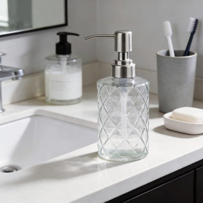 12Oz Clear Glass Soap Dispenser with Stainless Steel Pump, Refillable Kitchen Liquid Hand Soap Dispenser with Diamond Design, for Dispense Hand soap, Dish Soap, Lotion, Bathroom, Countertop, Hotel - color: Diamond Clear