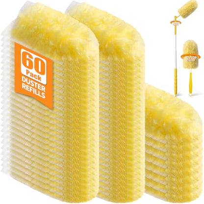 60 Count 360° Heavy Duty Duster Refills, Compatible with Swiffer Duster, Includes 1 Short Handle & 1 3 ft Extendable Handle, 4X Microfiber Cleaning Dusters, Disposable Unscented - style: 60 Refills + 2 Handle
