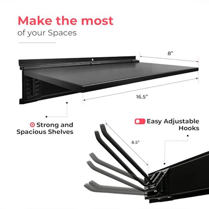Heavy-Duty Garage Wall Storage System | Wall Mounted Tool Organizer Rack with Shelving | 10-Piece Mounting Kit | Includes 4x8.5” Adjustable Hooks & 2x16.5” Floating Utility Shelves - size: 64" Carbon Steel with 2 Shelves & Single Hooks