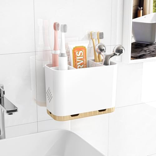 Toothbrush and Toothpaste Holders for Bathrooms Countertop - Detachable 5 Slots Kids Electric Toothbrush Holders Set Wall Mounted with Removable Dividers for Bathroom Decor and Accessories Organizer - color: Whitegold