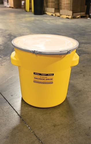Eagle 20 Gallon Plastic Drum with Lid, Metal Lever-Lock, 20.4"x20.9", Salvage Drum Made of Durable, Lightweight HDPE, Withstands Weather and Chemicals, Made in USA, Yellow, 1654 - size: 20 Gallon, style: Metal Lever-Lock
