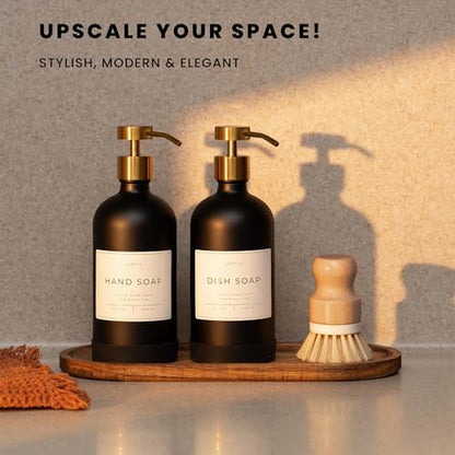Hand and Dish Soap Dispenser for Kitchen and Bathroom, Set of 2 16 Oz Glass Bottles, Stainless Steel Pumps, Non-Slip Silicone Base, 27 Waterproof Labels (Matte Black Bottle/Brushed Gold Pump) - color: Matte Black Bottle / Brushed Gold Pump