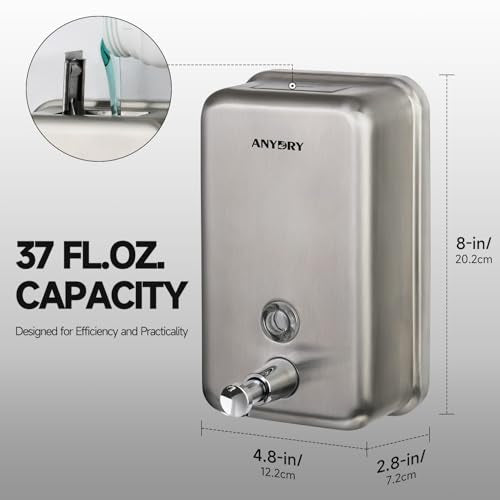 anydry Commercial Soap Dispenser Wall Mount, Brushed Stianless Steel Finish Manual Liquid Soap Dispenser - 37oz (1100ml) Model AD1003 - color: Brushed
