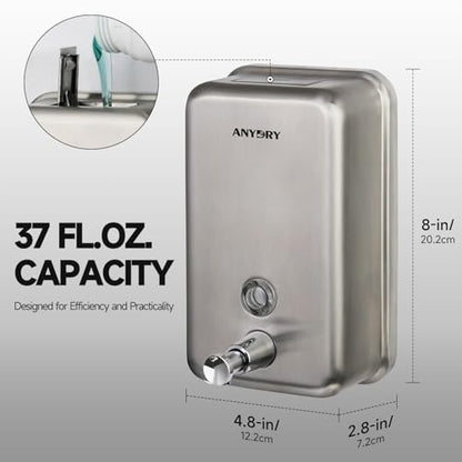 anydry Commercial Soap Dispenser Wall Mount, Brushed Stianless Steel Finish Manual Liquid Soap Dispenser - 37oz (1100ml) Model AD1003 - color: Brushed