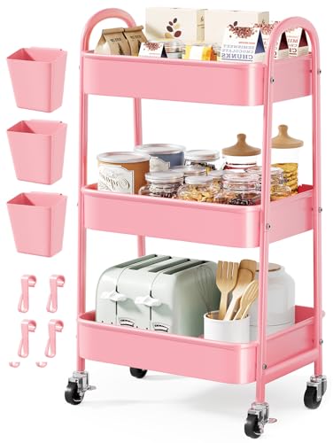 3 Tier Rolling Storage Cart Metal with Wheels, Pink Three Tiered Craft Cart Organizer on Wheels, Utility Carts for Baby Nursery, Diaper Caddy, Art, Book, Snack, Nail, Makeup, Bathroom Supplies, Mesh - color: Soft Pink