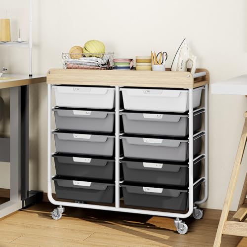 10 Drawers Rolling Cart with Wooden Tabletop, Utility Storage Cart with Wheels, Art Supply Craft Organizer on Wheel with Metal Frame & Handles for Home Office School,Grey - color: Grey