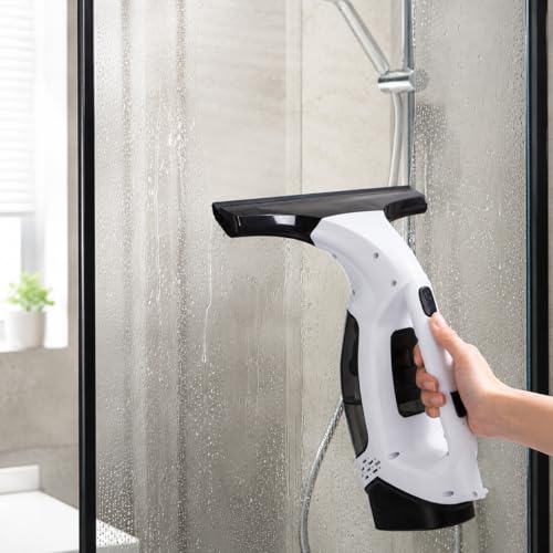 Cordless Window Vacuum Cleaner with Extension Pole, Rechargeable Glass Cleaning Squeegee Kit, 5.07 fl oz Water Tank, Spray Bottle & Microfiber Pad for Windows Shower Doors Mirrors Tiles