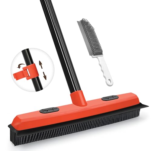 JEHONN Rubber Broom Carpet Rake Brush for Pet Hair with Squeegee, 52.8 inches Long Handle Silicone Fur Scraper Removal Tool with Detailing Lint Comb for Rug, Tile, Hardwood Floor Cleaning (Red) - color: Red