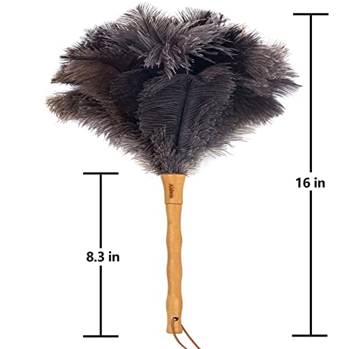 Aldwin Ostrich Feather Duster, 16 inch Ostrich Feather Duster with Wood Handle Reusable, Fluffy Natural Genuine Handheld Feather Duster for Cleaning Supplies, Home, Car, Office - color: Gray