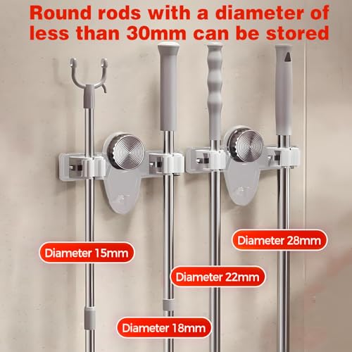 4 Pack Broom Holder Mop Hanger Wall Mount, No Drill Suction Cup Mop and Broom Organizer with Hooks, Space Saving Adjustable Rack Removable Mop Clip for Bathroom, Kitchen, Garage, Laundry Room
